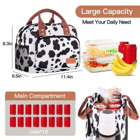 Yotrone Cow pattern lunch tote side pocket holds drinks within reach.