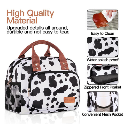Yotrone Cow pattern lunch tote insulated interior preserves food temperature for hours.