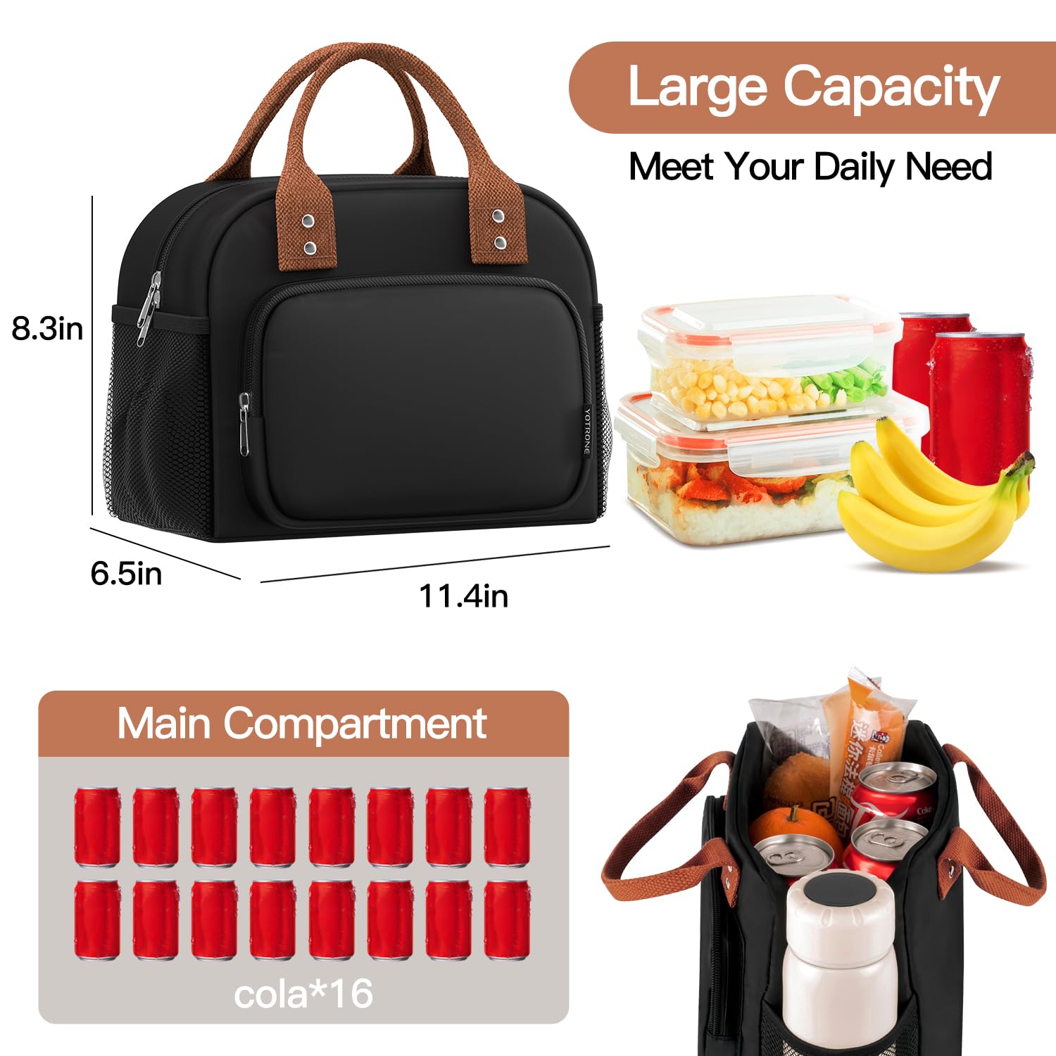 Yotrone lunch bag side mesh pocket provides easy access to drinks.