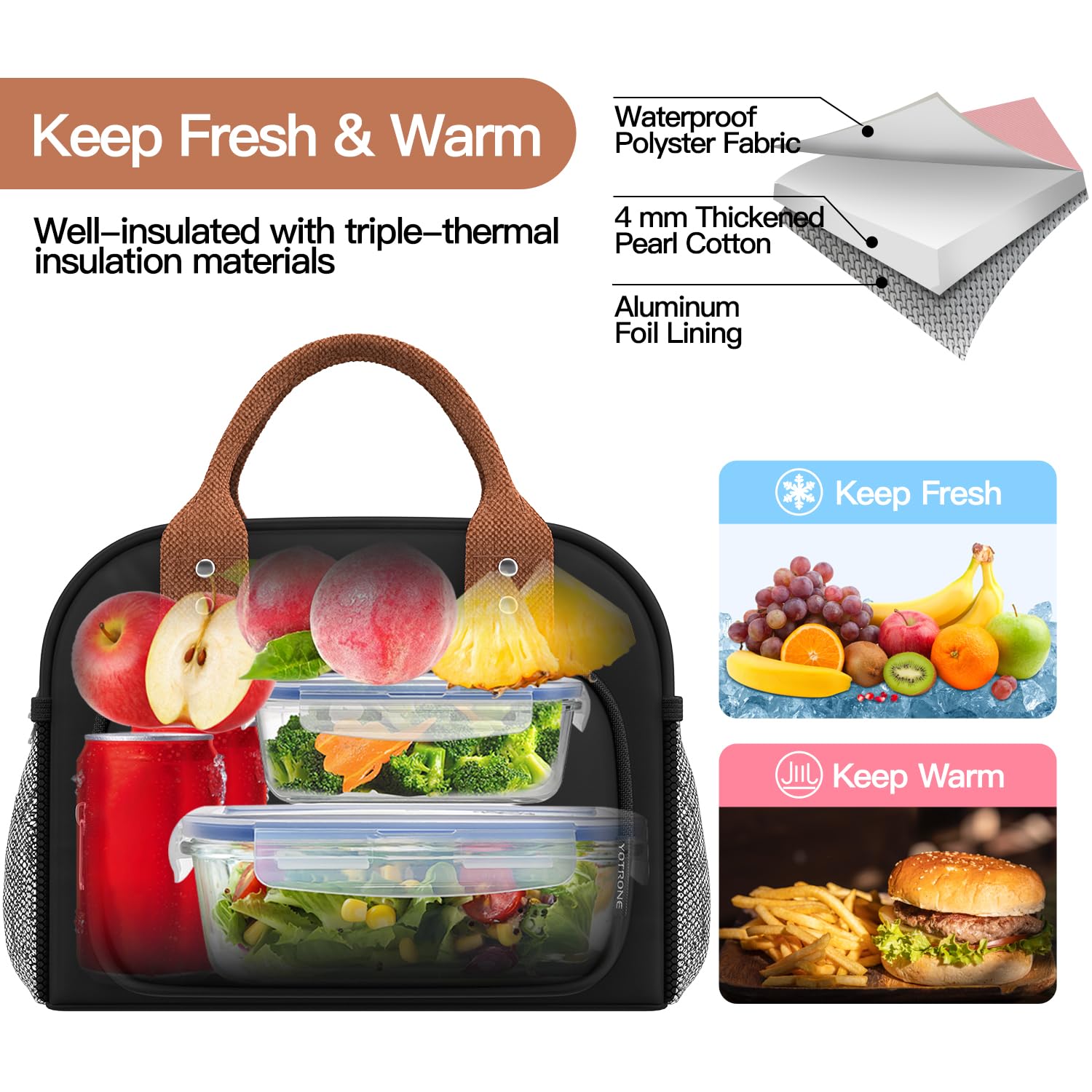 Yotrone lunch bag waterproof nylon exterior resists spills and wear.