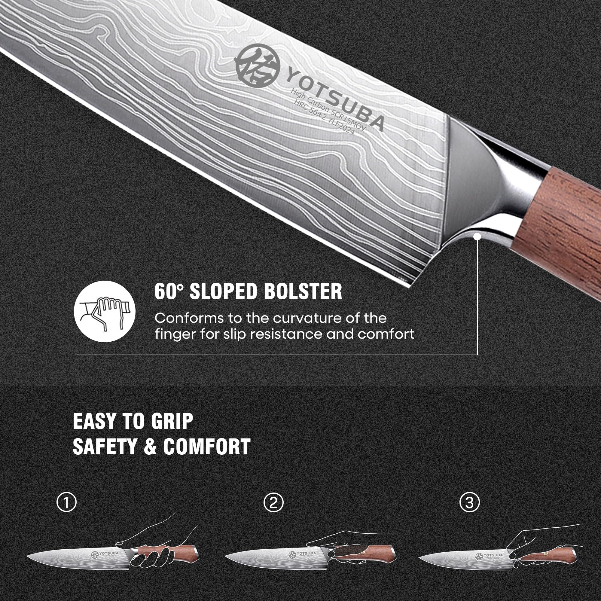 YOTSUBA high-carbon stainless steel blade for lasting sharpness.