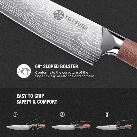 YOTSUBA high-carbon stainless steel blade for lasting sharpness.