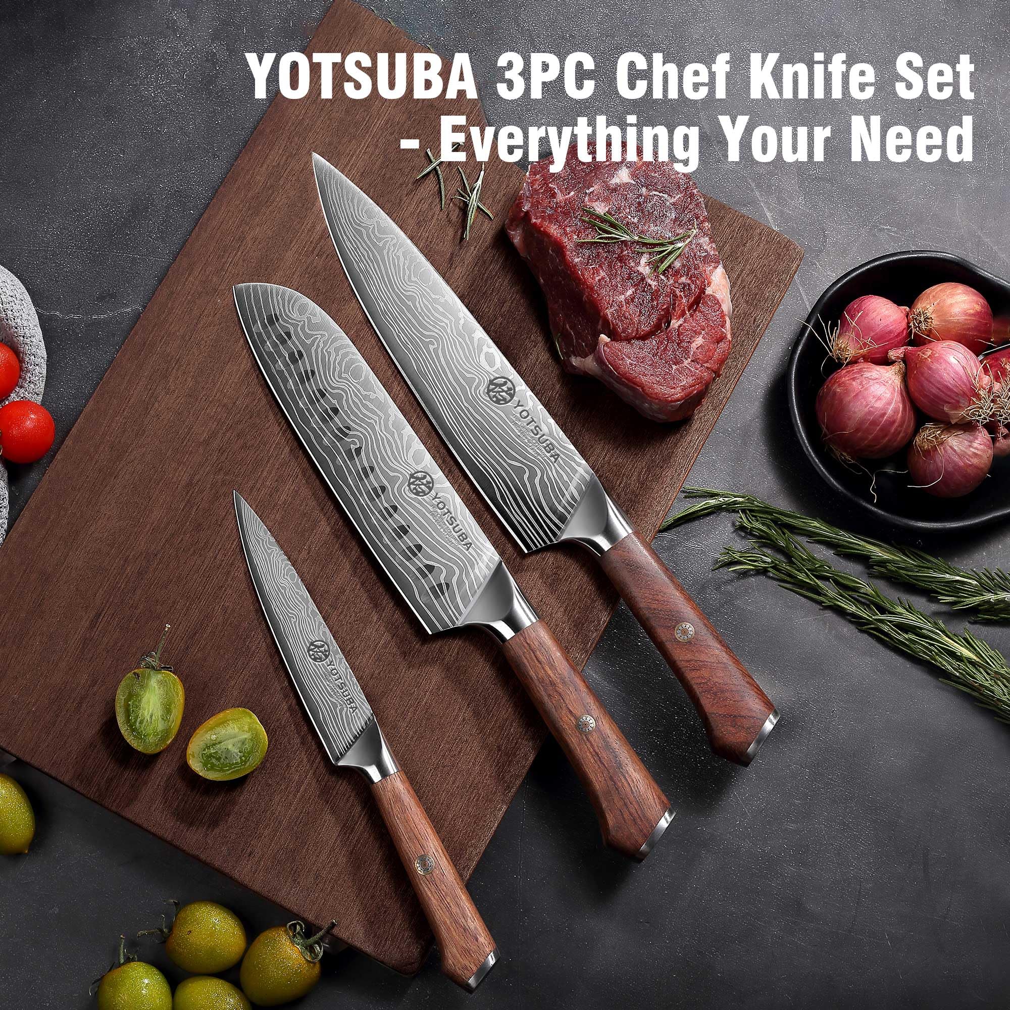 YOTSUBA blade close-up shows high-carbon stainless steel edge.