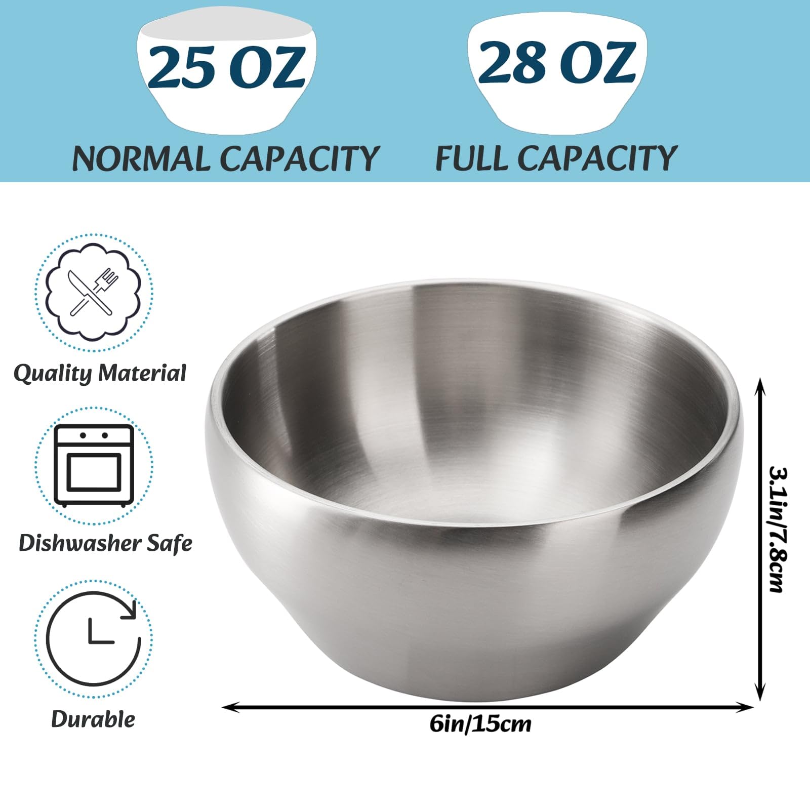 Youeon 6-inch SUS304 brushed stainless steel bowls with a sleek brushed finish