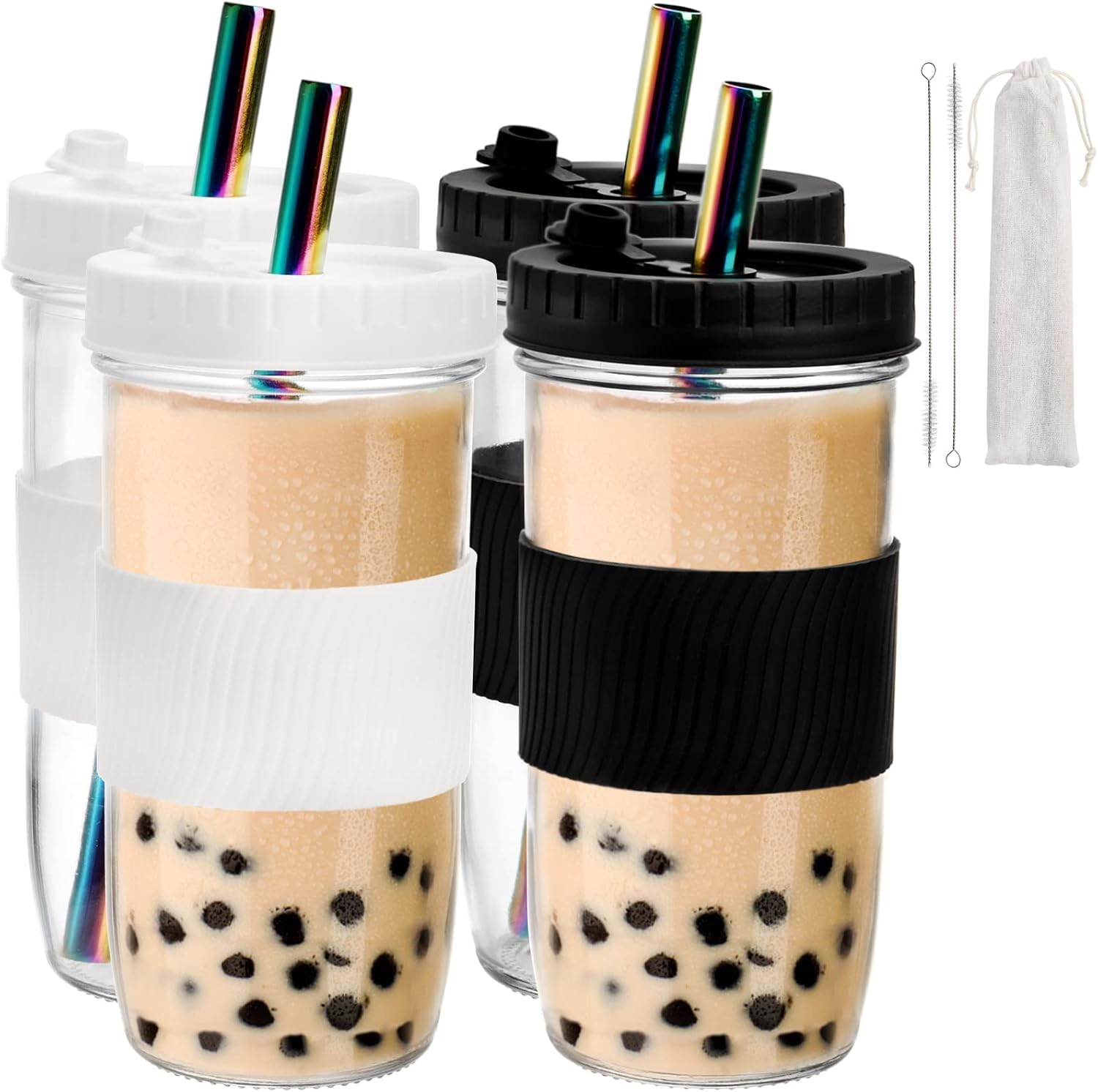 Youeon bubble tea cups 4-pack in white and black, ideal for at-home boba.