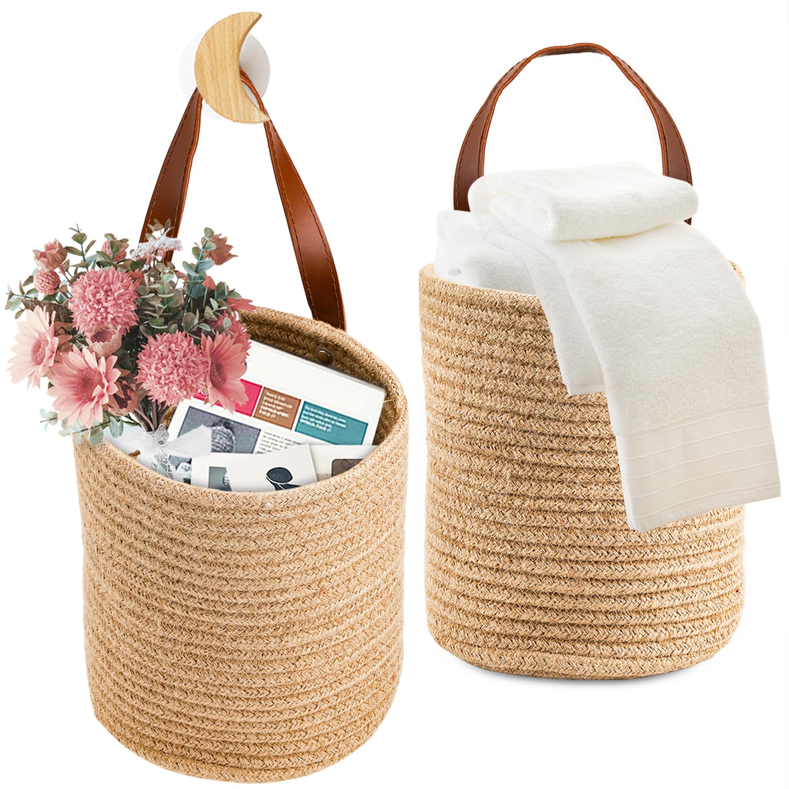 YOUEON set of 2 jute hanging baskets for space-saving wall storage.