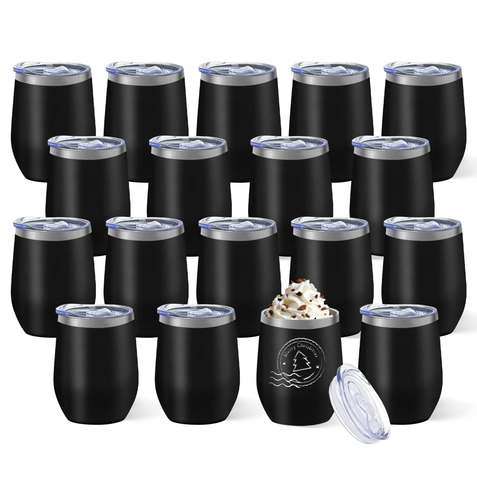 YOUKE OLA 18-pack stainless steel wine tumblers with lids, ideal for gatherings.