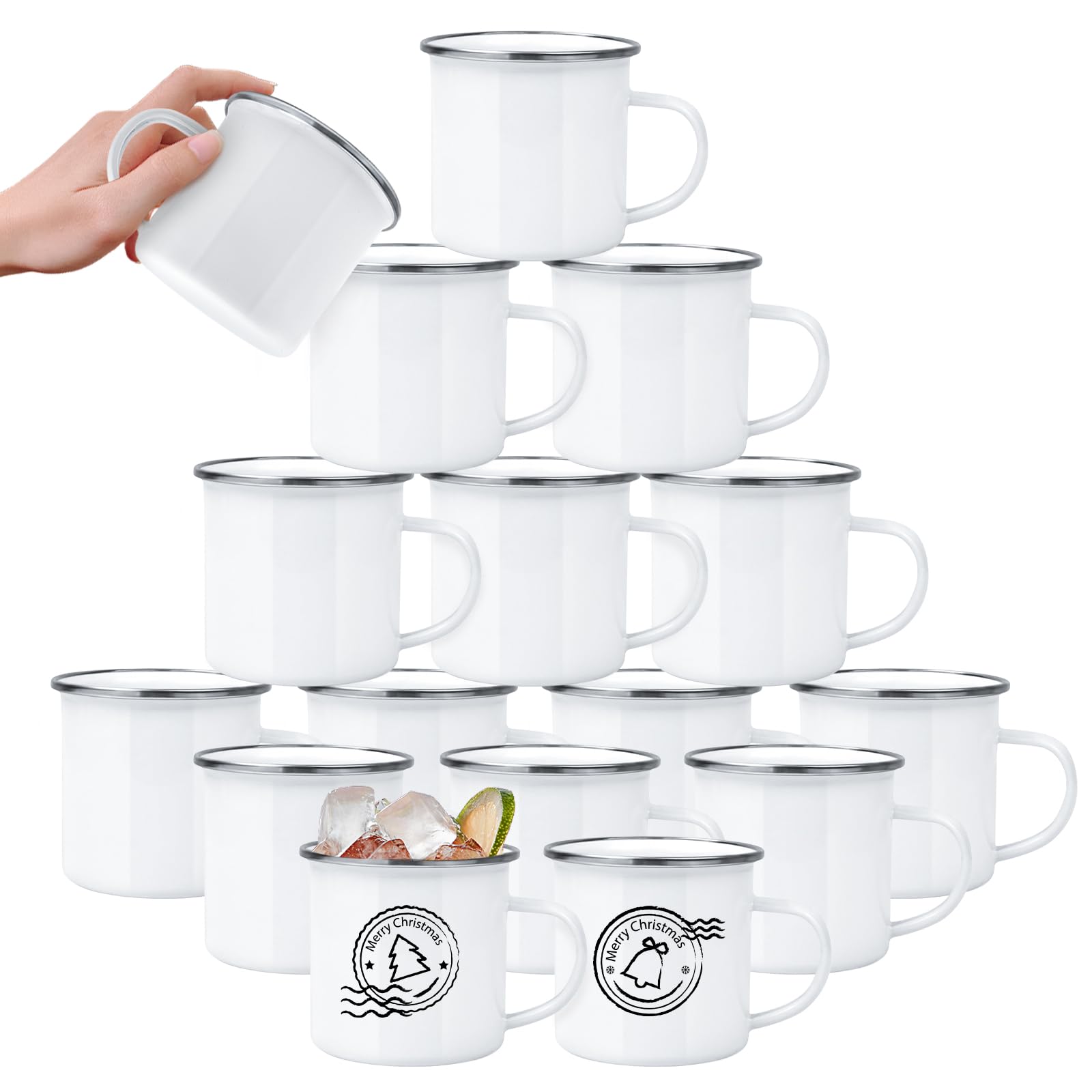 YOUKE OLA 16-pack enamel mugs white 12oz side view, sublimation-ready blank surface.
