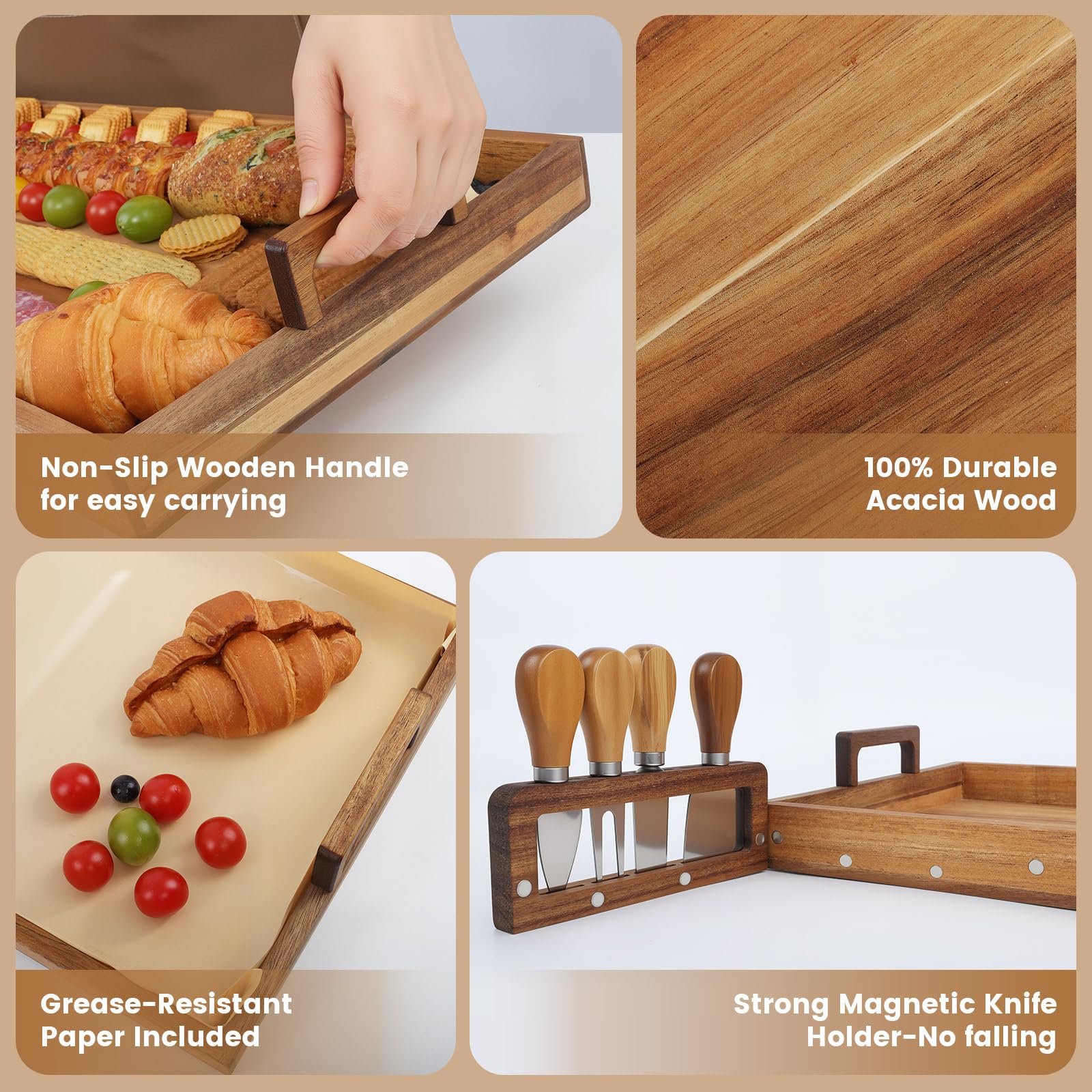 Young Speeds charcuterie board close-up of sturdy handles and warm acacia finish