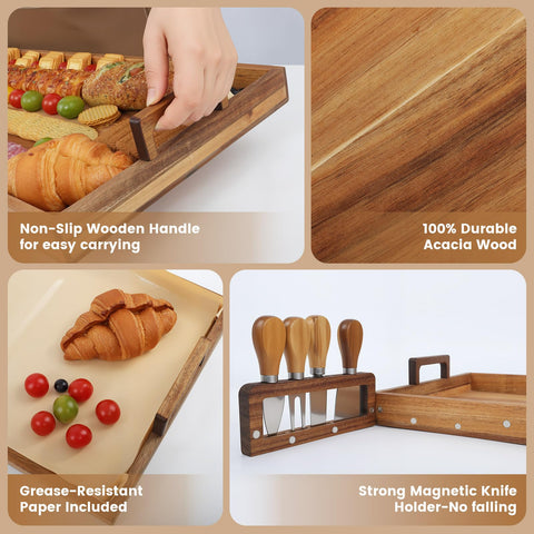Young Speeds charcuterie board close-up of sturdy handles and warm acacia finish