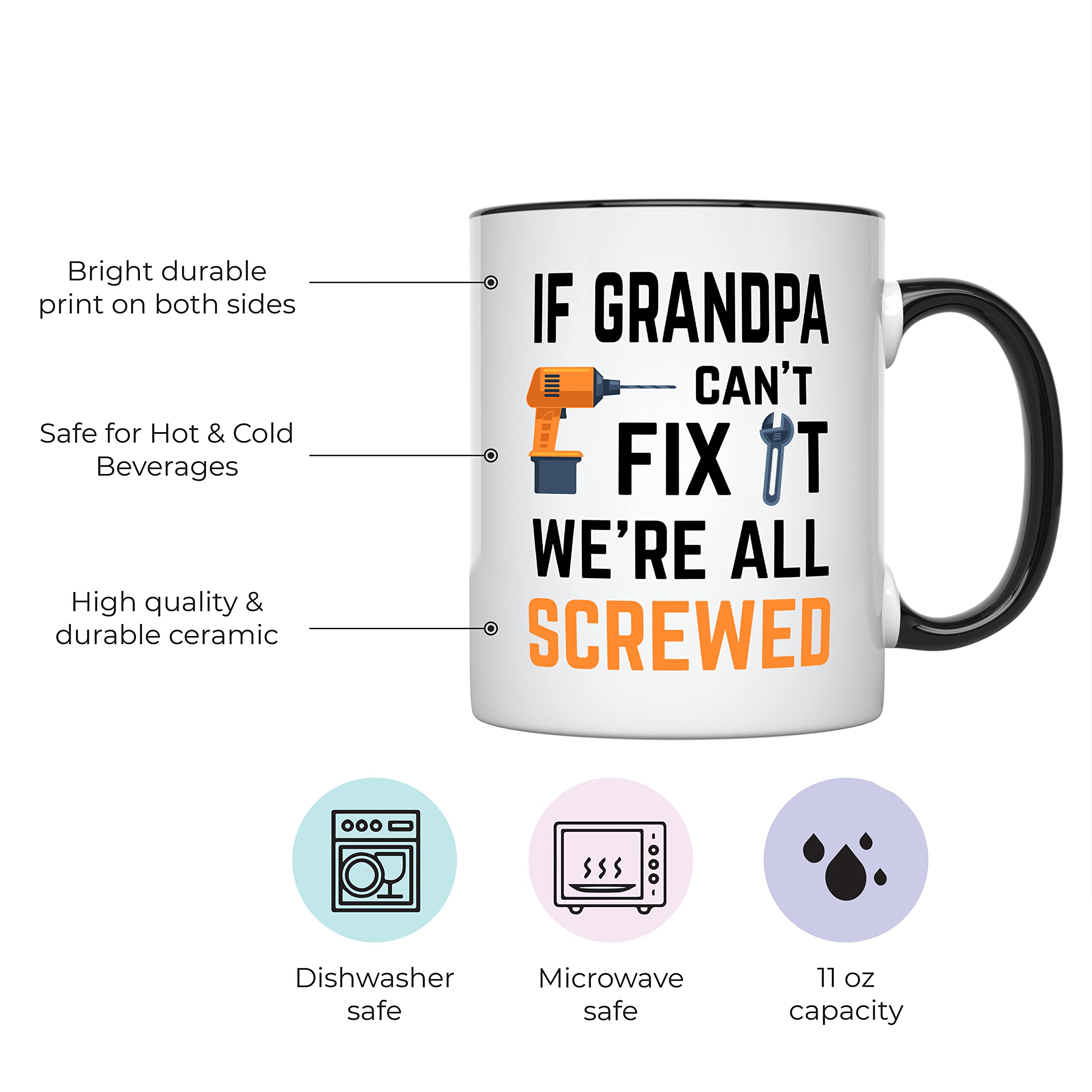YouNique Designs If Grandpa Cant Fix It mug back view shows playful messaging from behind.