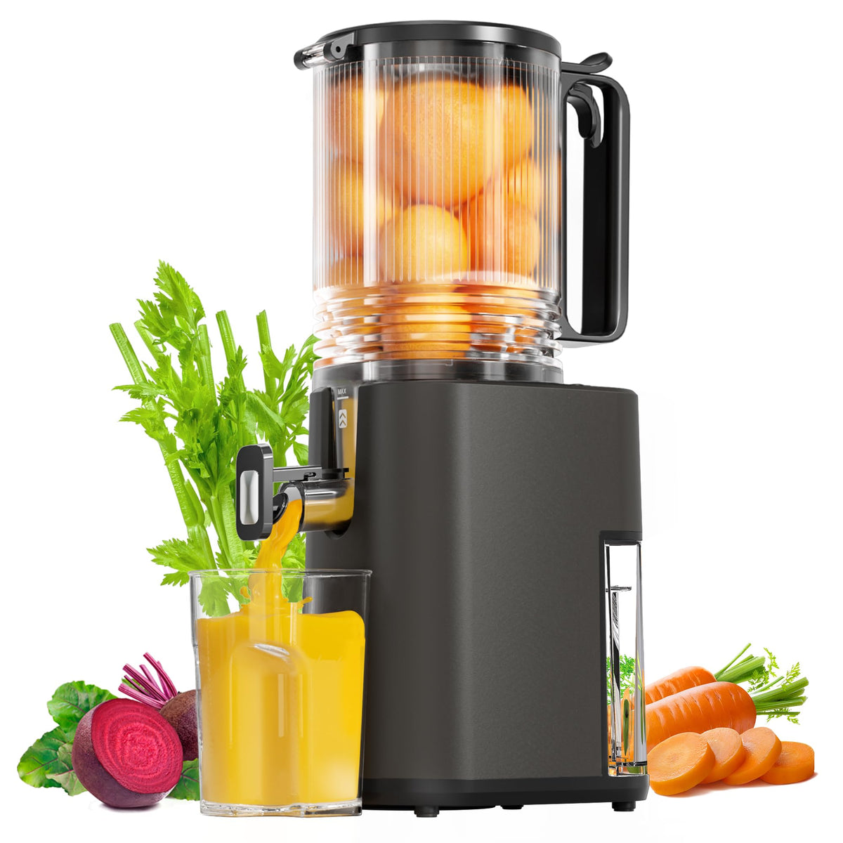 YOYDS cold press juicer with wide feed chute for fast whole-fruit juicing.