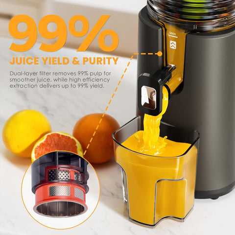 YOYDS juicer inlet for whole fruits reduces pre-cut prep time.