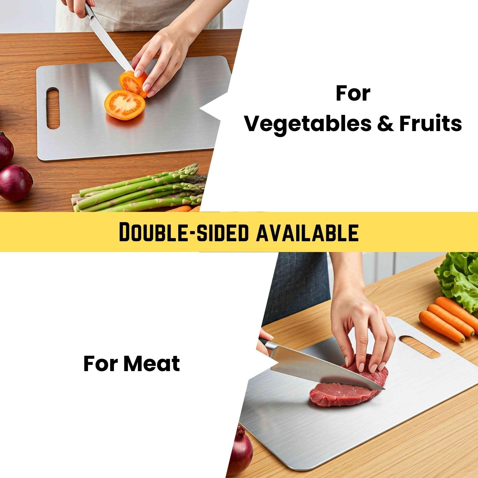 YoYoulee titanium cutting board double-sided design helps separate meat and produce.