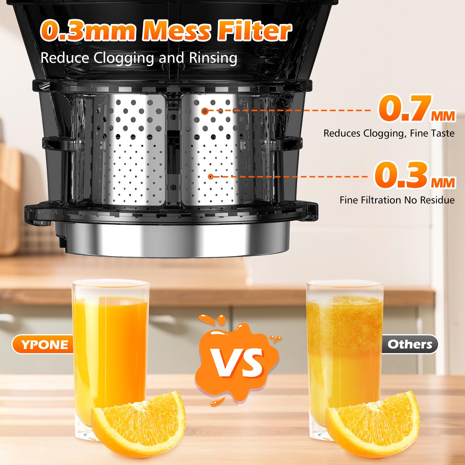 YPONE juicer 400W motor label on the body indicating reliable power.