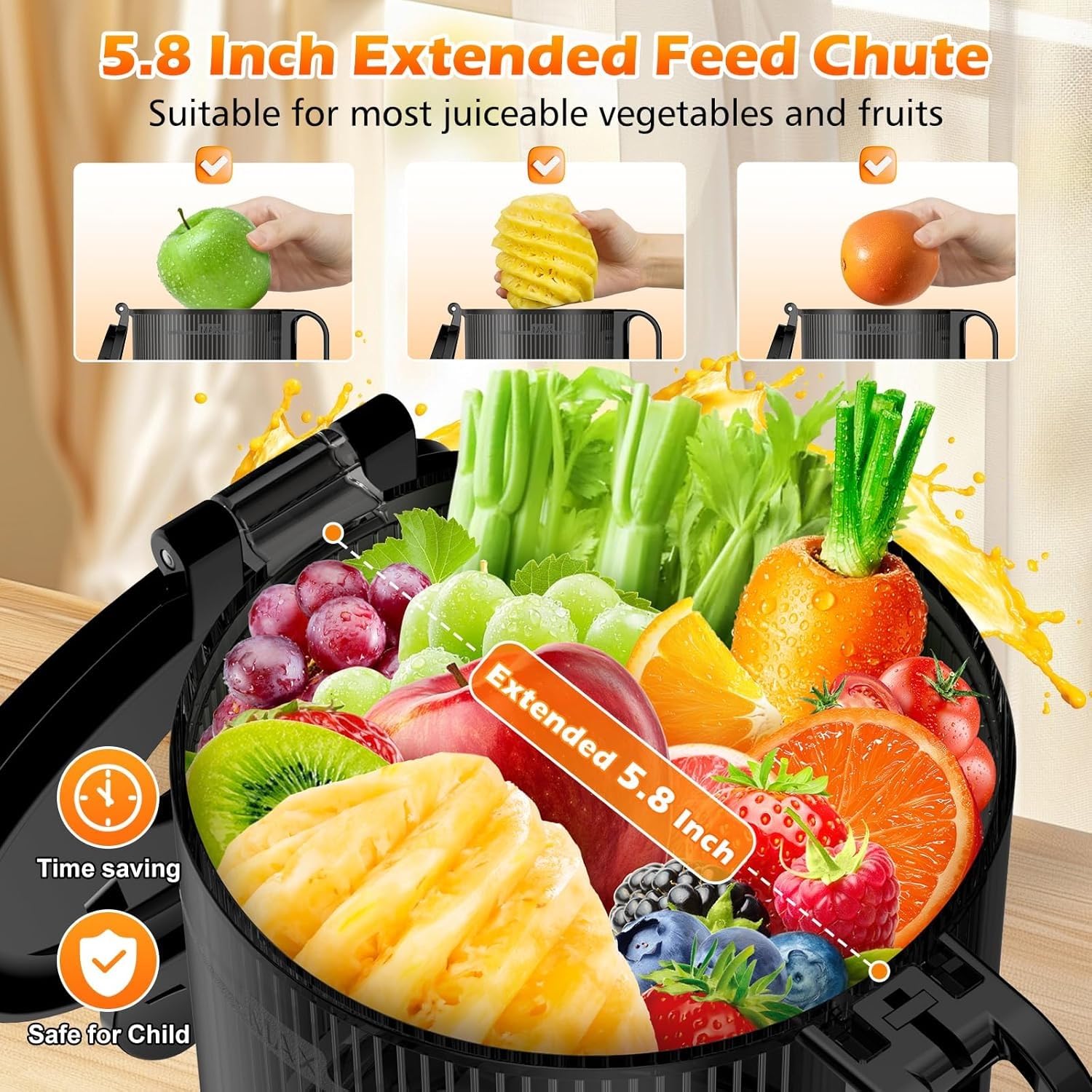 YPONE juicer feed chute close-up highlighting large intake for efficiency.