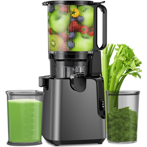 YPONE juicer front view with 5.8-inch feed chute for whole produce.