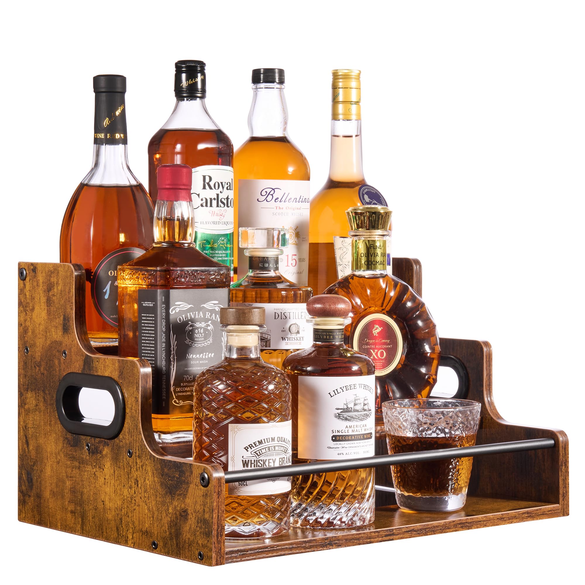 YQBRAO 3-Tier Liquor Shelf in rustic wood for an organized home bar display.