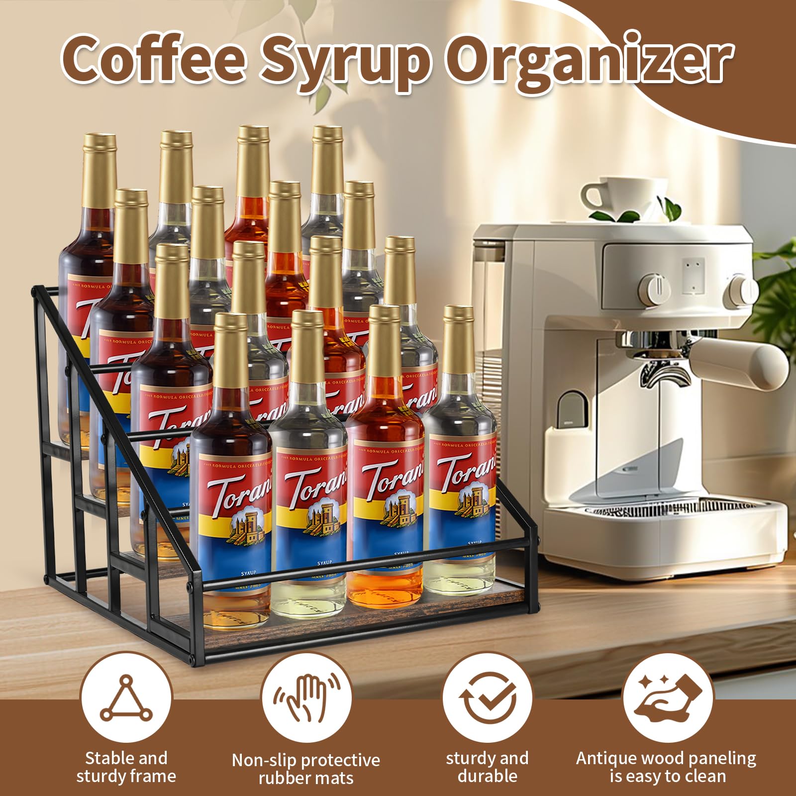 YQBRAO 4-tier syrup bottle holder side view maximizing countertop space.