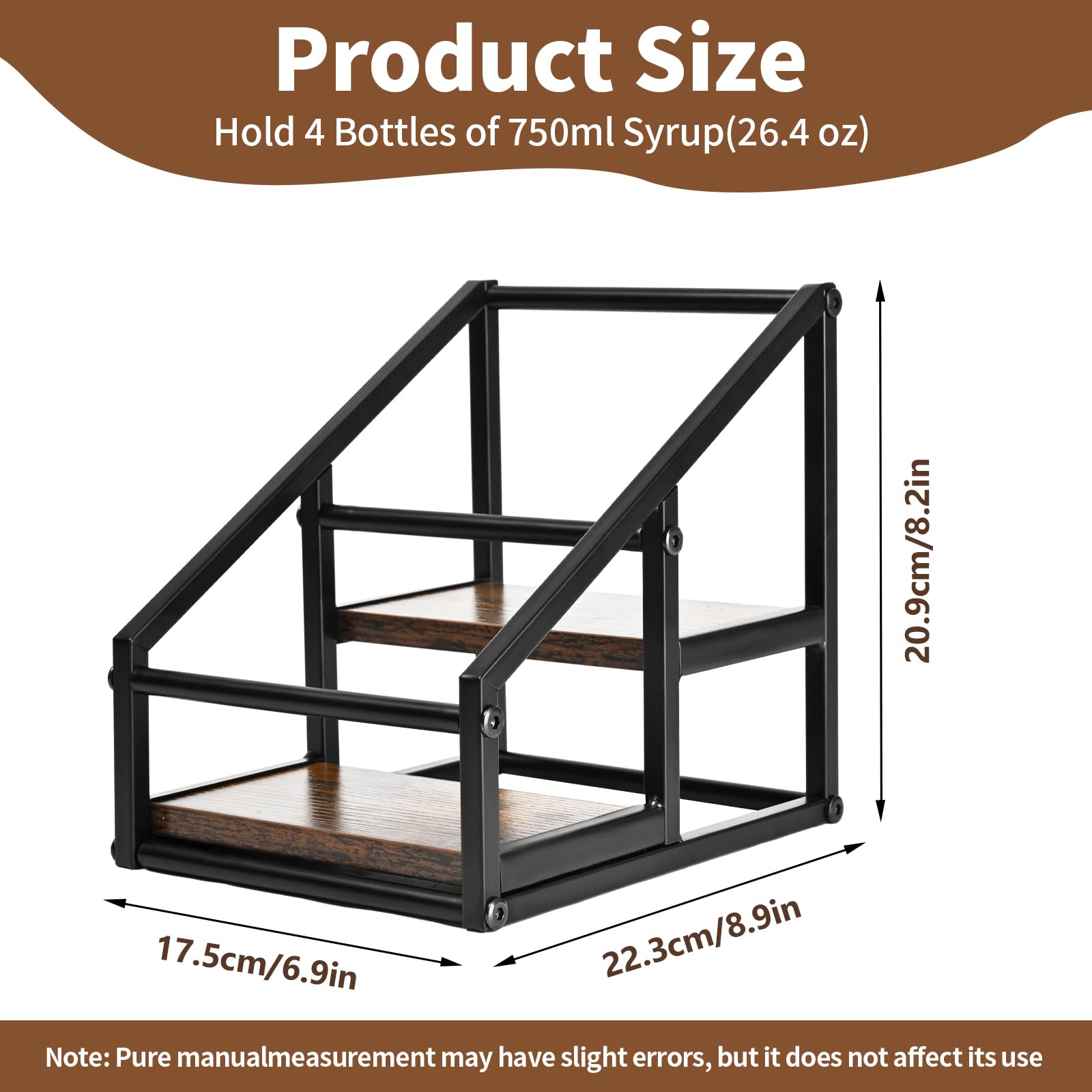YQBRAO coffee bar display with matte black frame and rustic wood base.