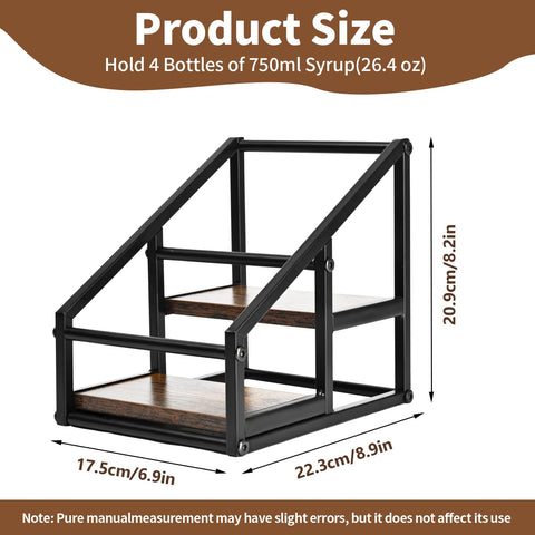 YQBRAO coffee bar display with matte black frame and rustic wood base.