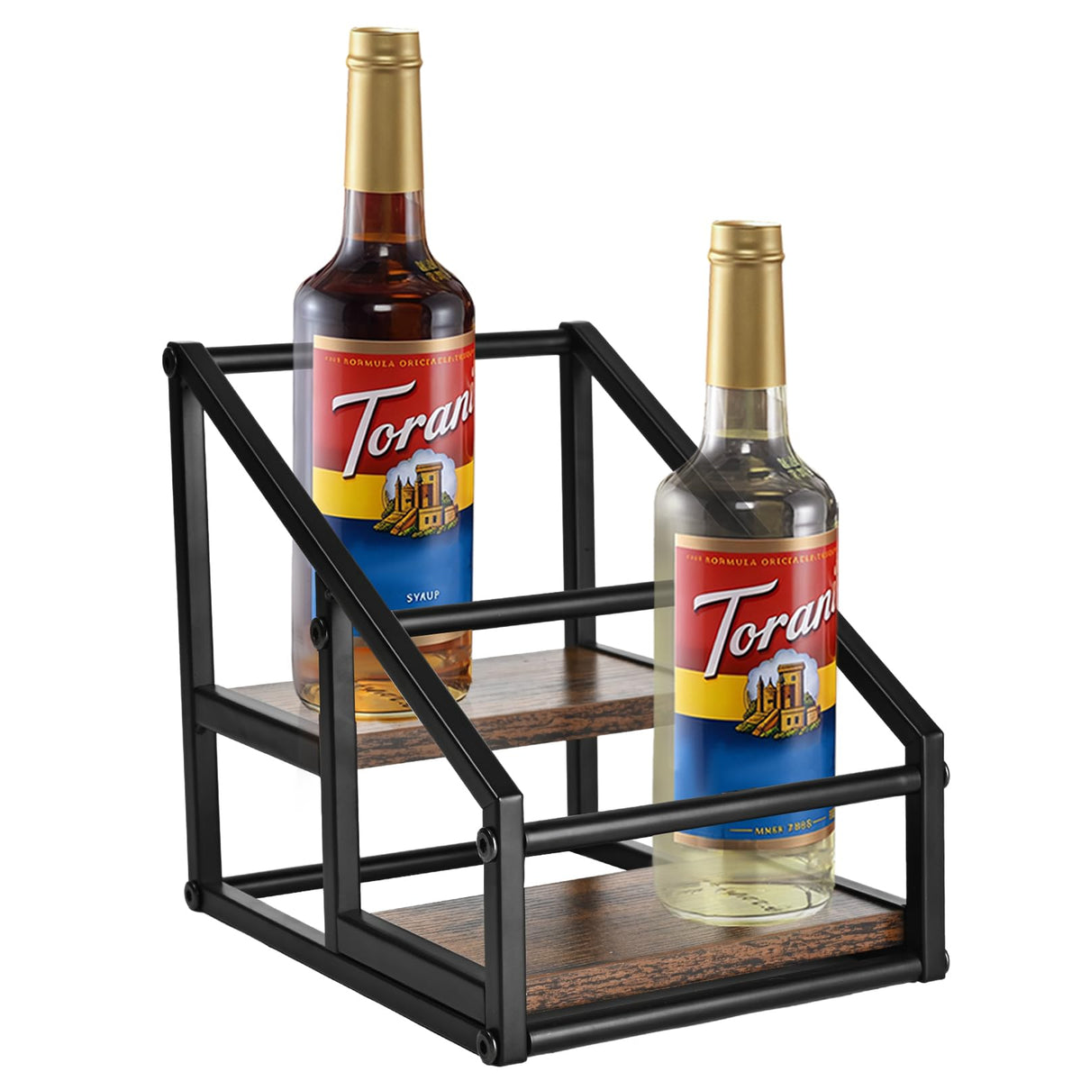 YQBRAO coffee syrup rack organizer shows a 2-tier four-bottle setup for easy access.