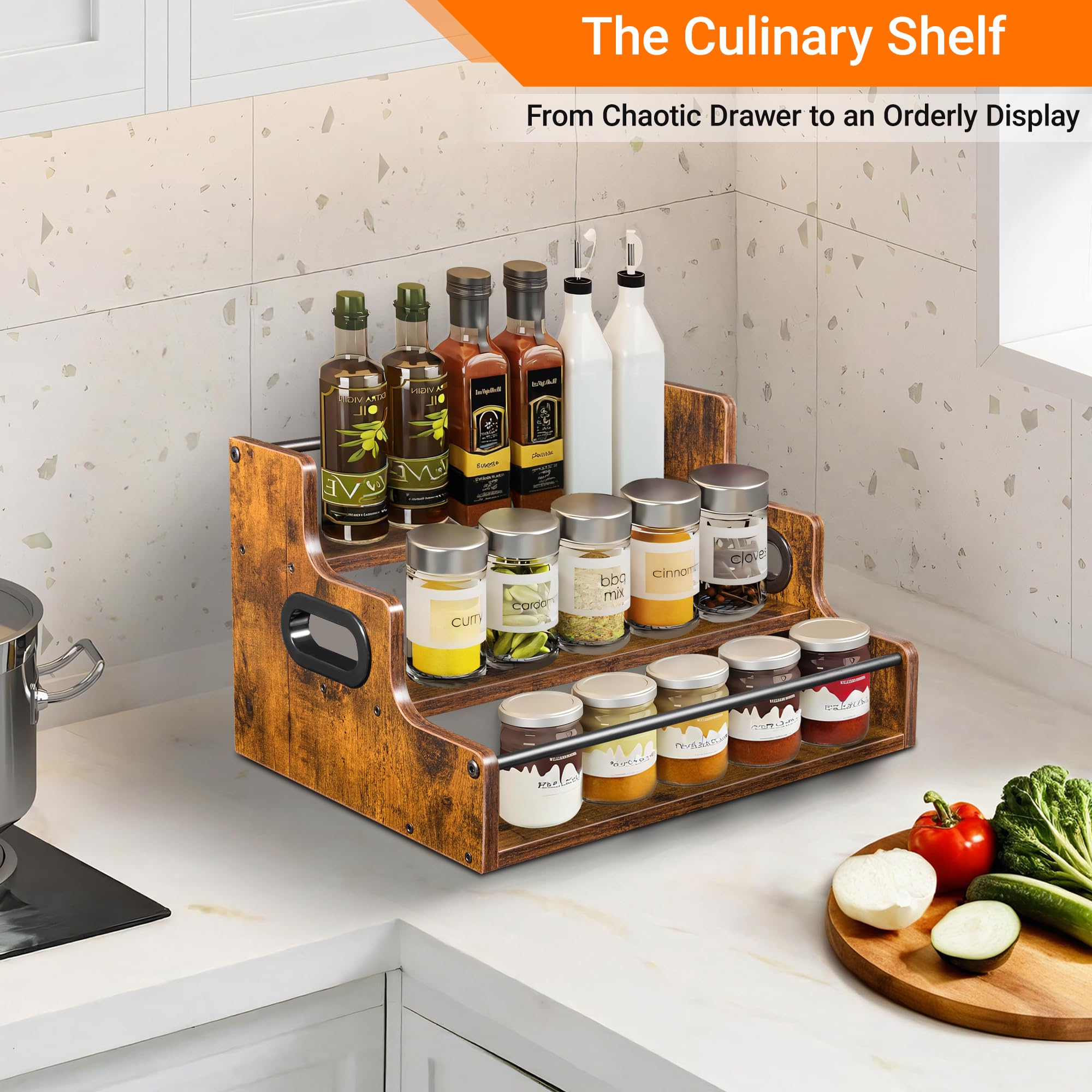 YQBRAO rustic wood bar shelf side profile highlighting sturdy base and vintage charm.