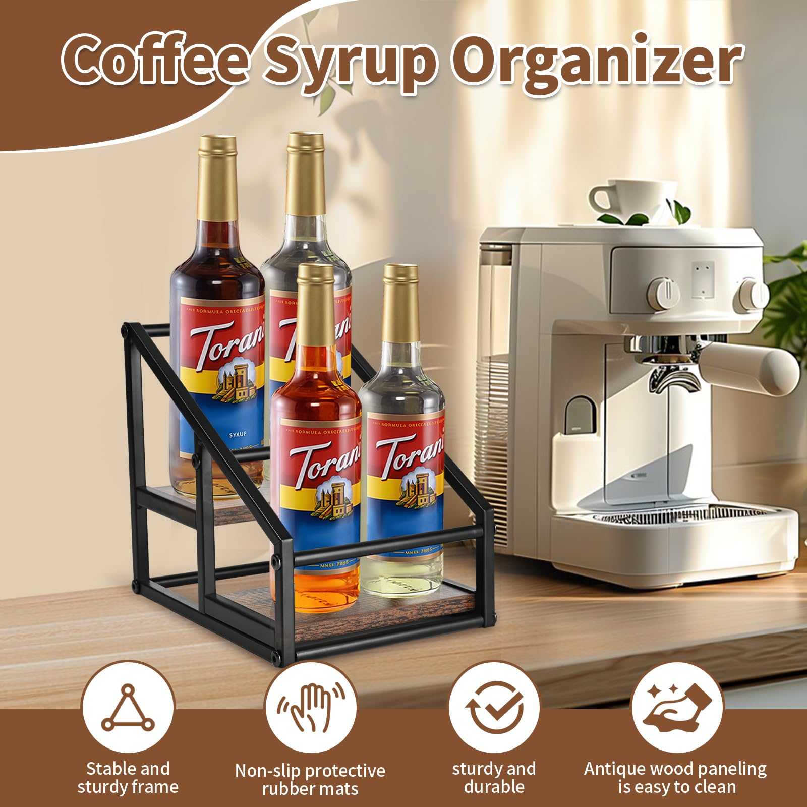 YQBRAO syrup rack step design neatly holds four 750 ml bottles.