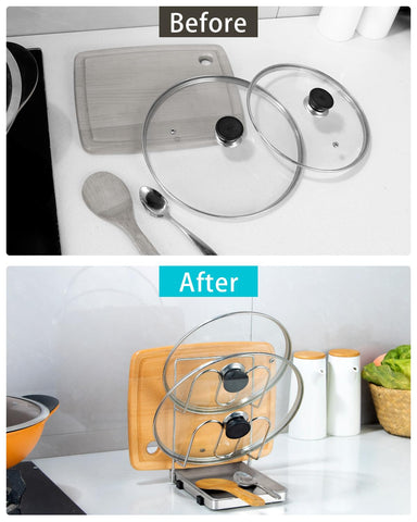 YQh all-in-one kitchen organizer keeps lids, spoons, and spatulas accessible.