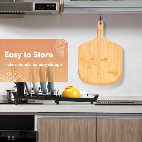Yroshm bamboo pizza peel in a kitchen setup for versatile use
