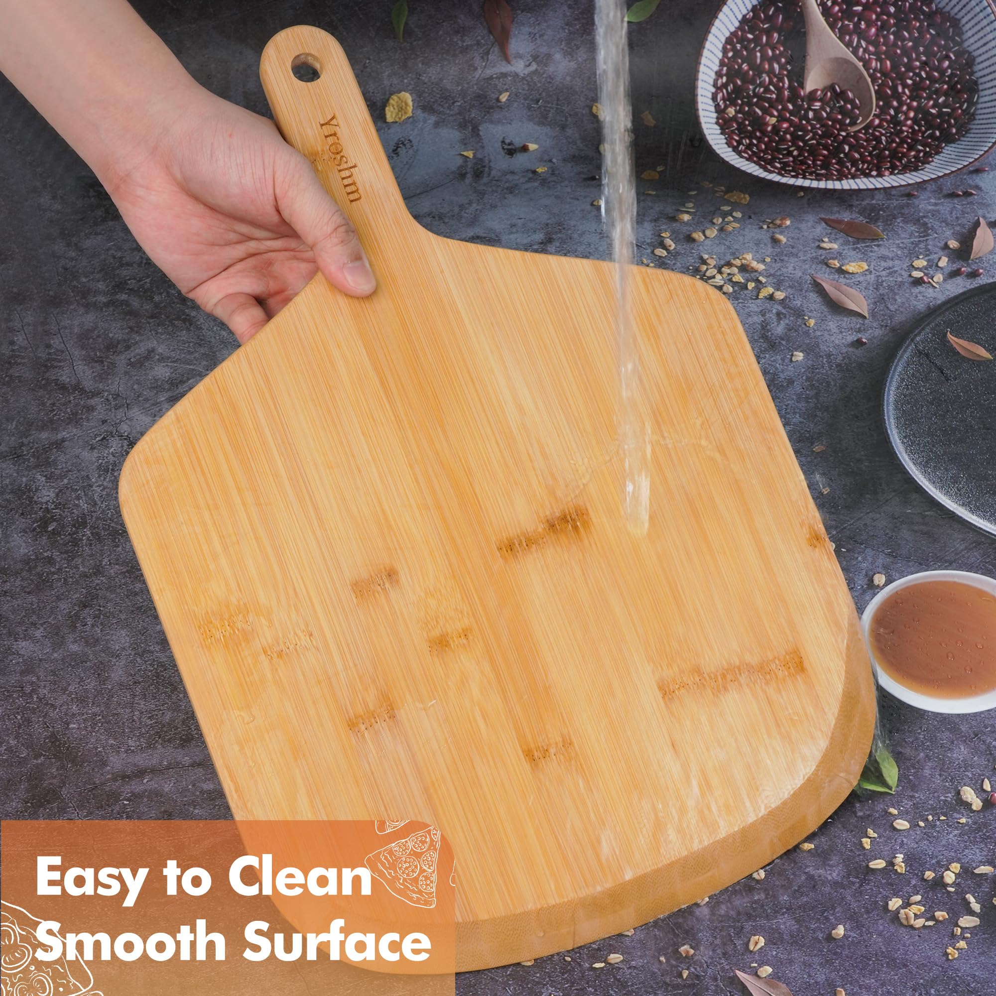 Yroshm bamboo pizza peel is lightweight with hanging storage hole