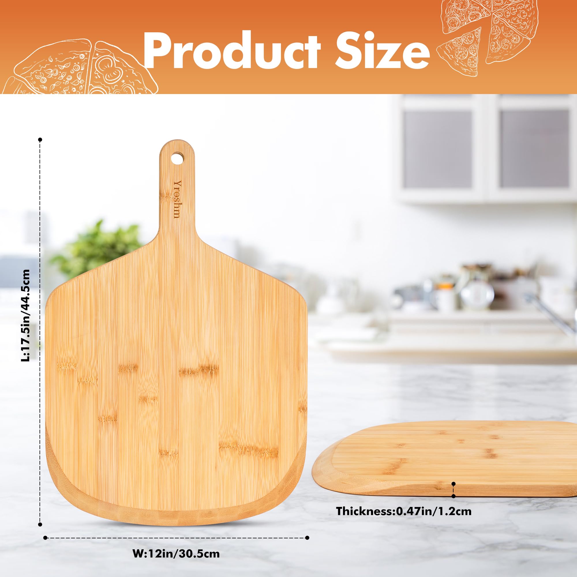 Yroshm bamboo pizza peel sliding under a pizza for smooth transfer