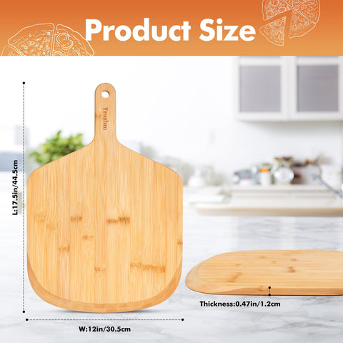 Yroshm bamboo pizza peel sliding under a pizza for smooth transfer