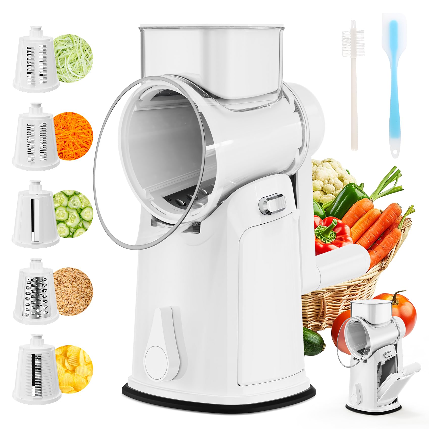 YSEPOZ 7-in-1 rotary grater with handle for safe, fast shredding and slicing.