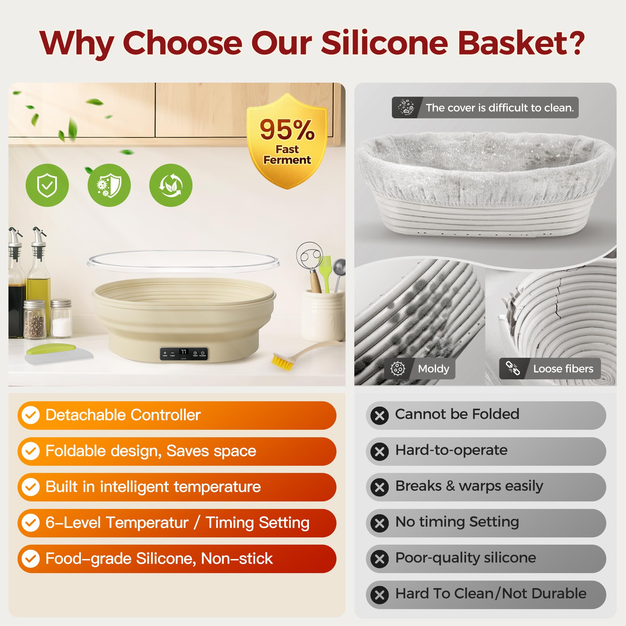 YSZZYSM oval silicone banneton foldable bowl for compact storage and release.