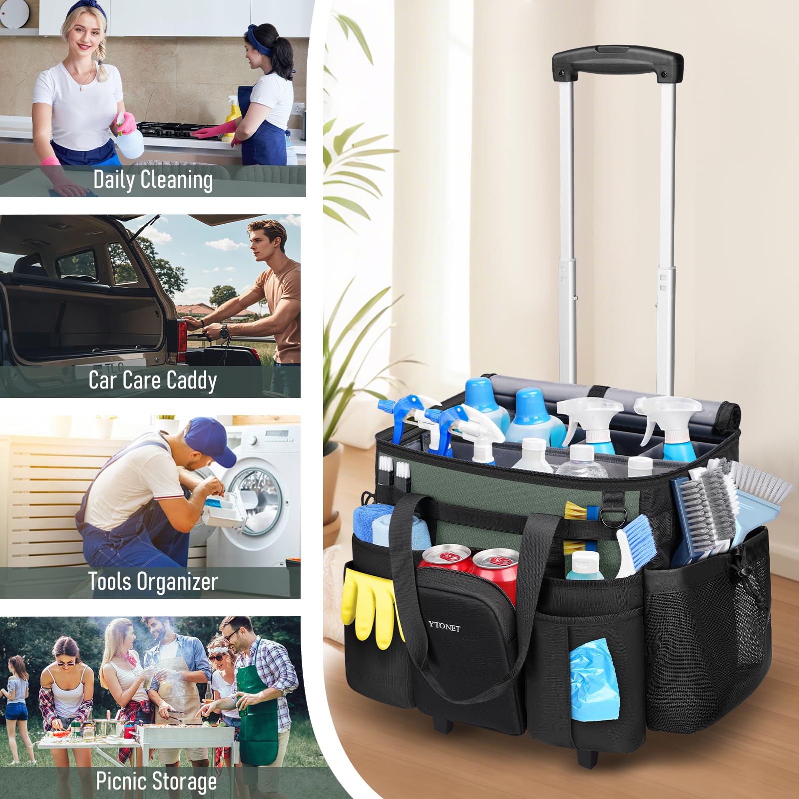 Ytonet Cleaning Caddy top zipper seals access, reducing dust exposure.