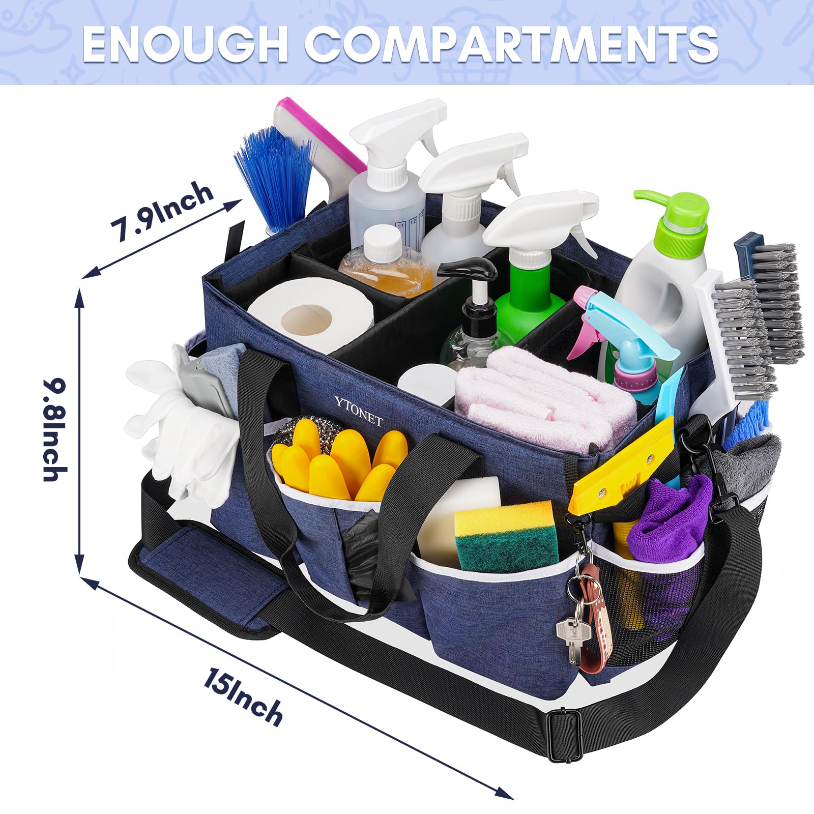 Ytonet wearable cleaning caddy bag shows foldable dividers for customizable layouts.