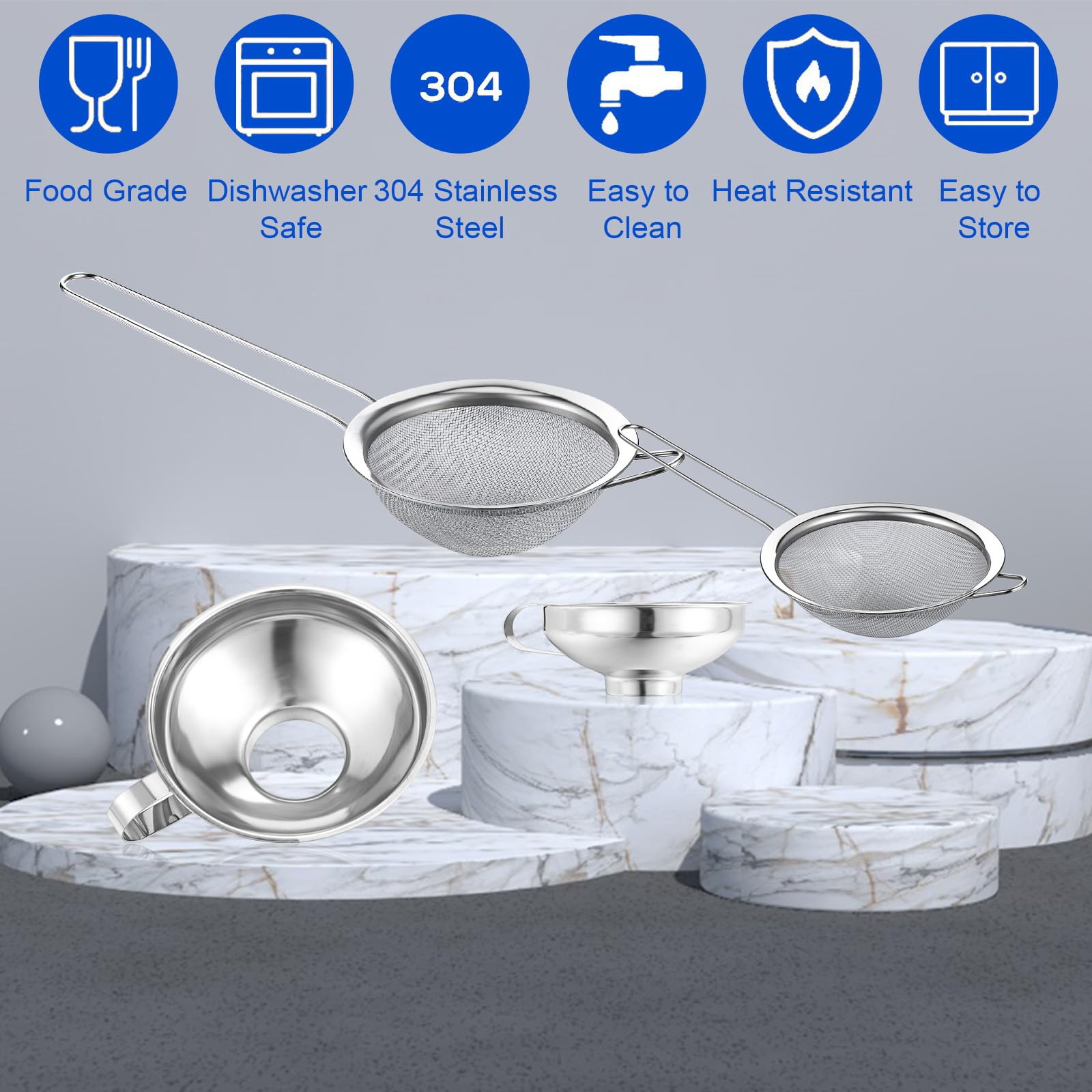 Yuanan stainless steel funnel with sealed edge and curved handle ensures safe transferring.
