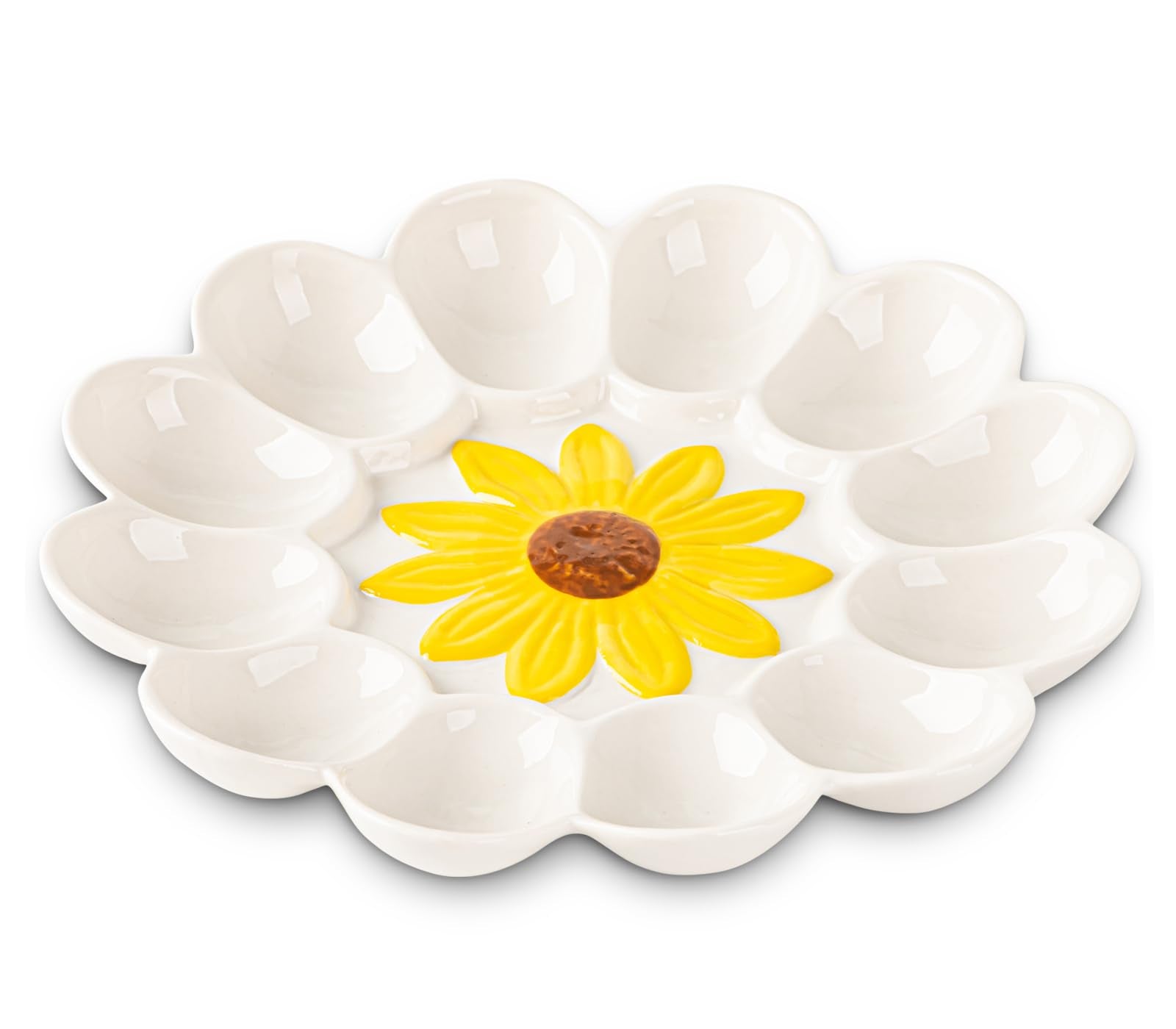 YU&CH sunflower deviled egg tray with white porcelain for festive Easter plating.