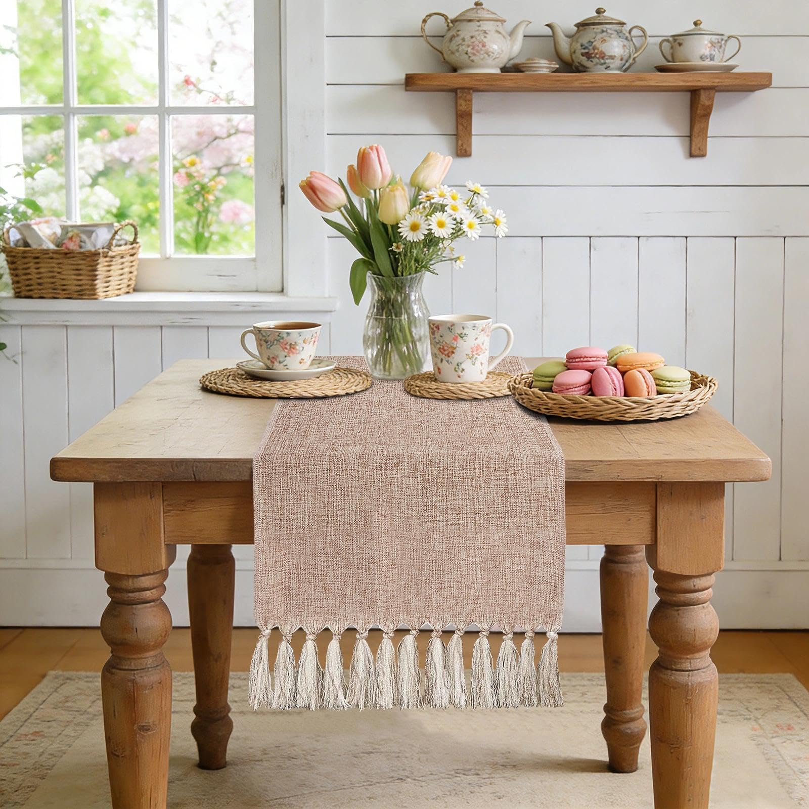 yuboo Boho table runner beige-brown weave enhances neutral living room decor and warmth