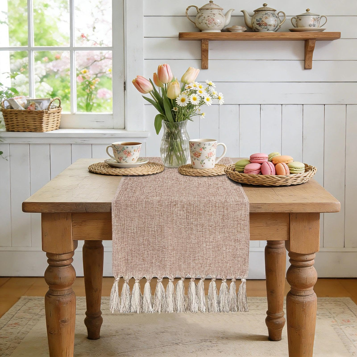 yuboo Boho table runner beige-brown weave enhances neutral living room decor and warmth