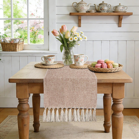 yuboo Boho table runner beige-brown weave enhances neutral living room decor and warmth