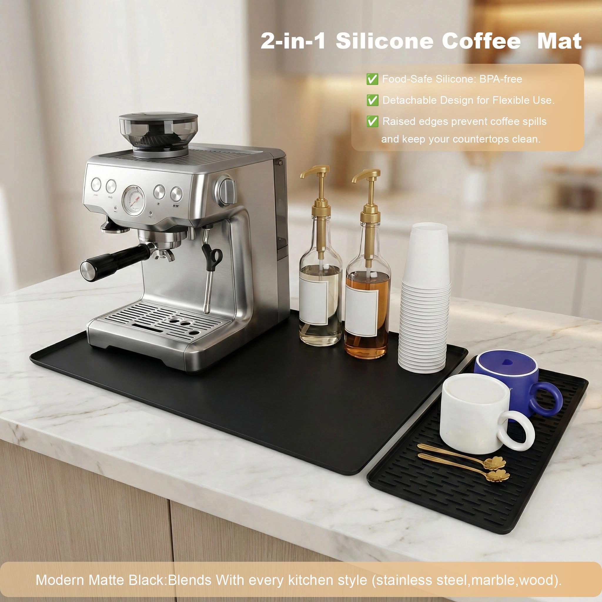 Yudevey silicone mat with non-slip base staying secure under a coffee machine.