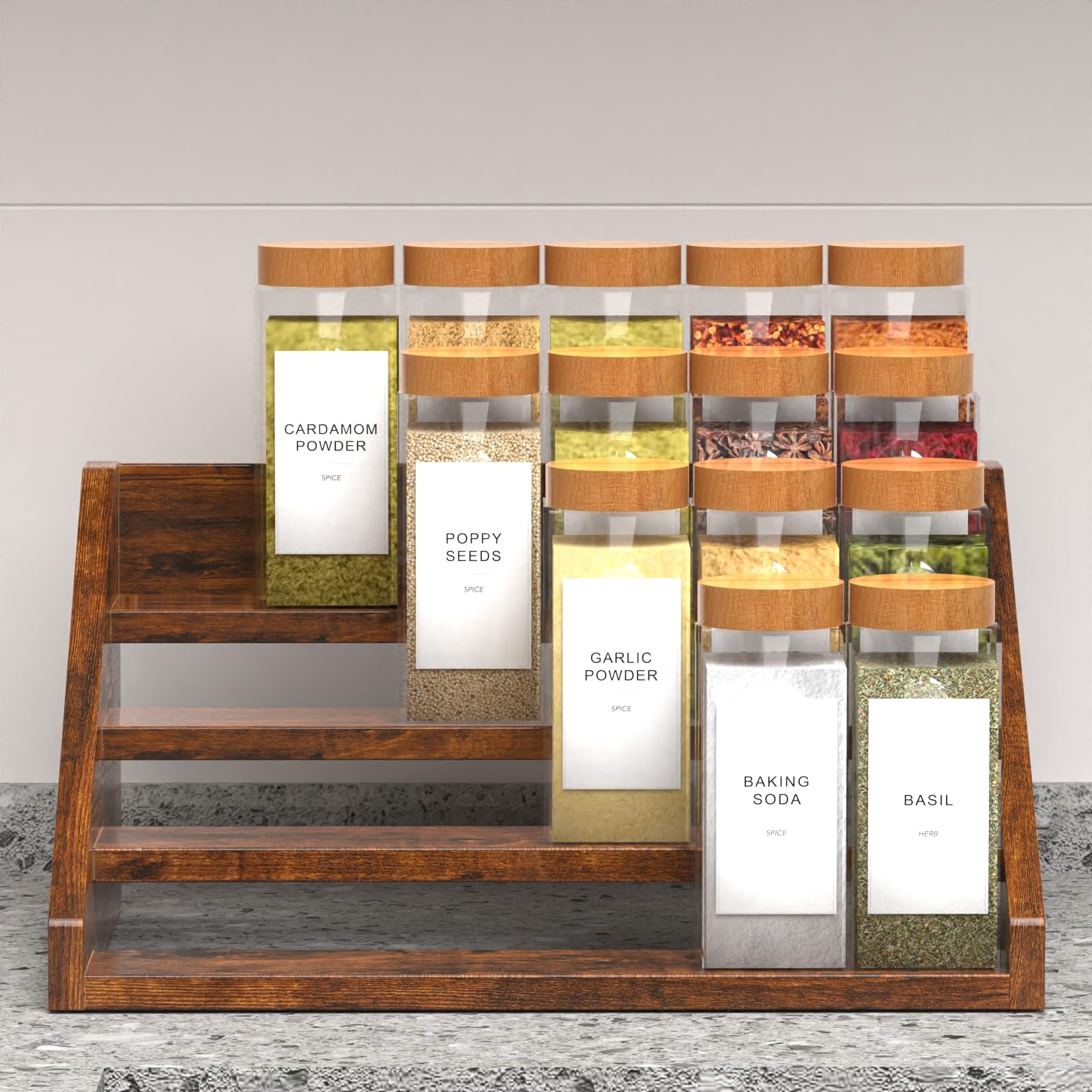YUELGUANG wooden spice rack riser highlighting sturdy construction for stable display.
