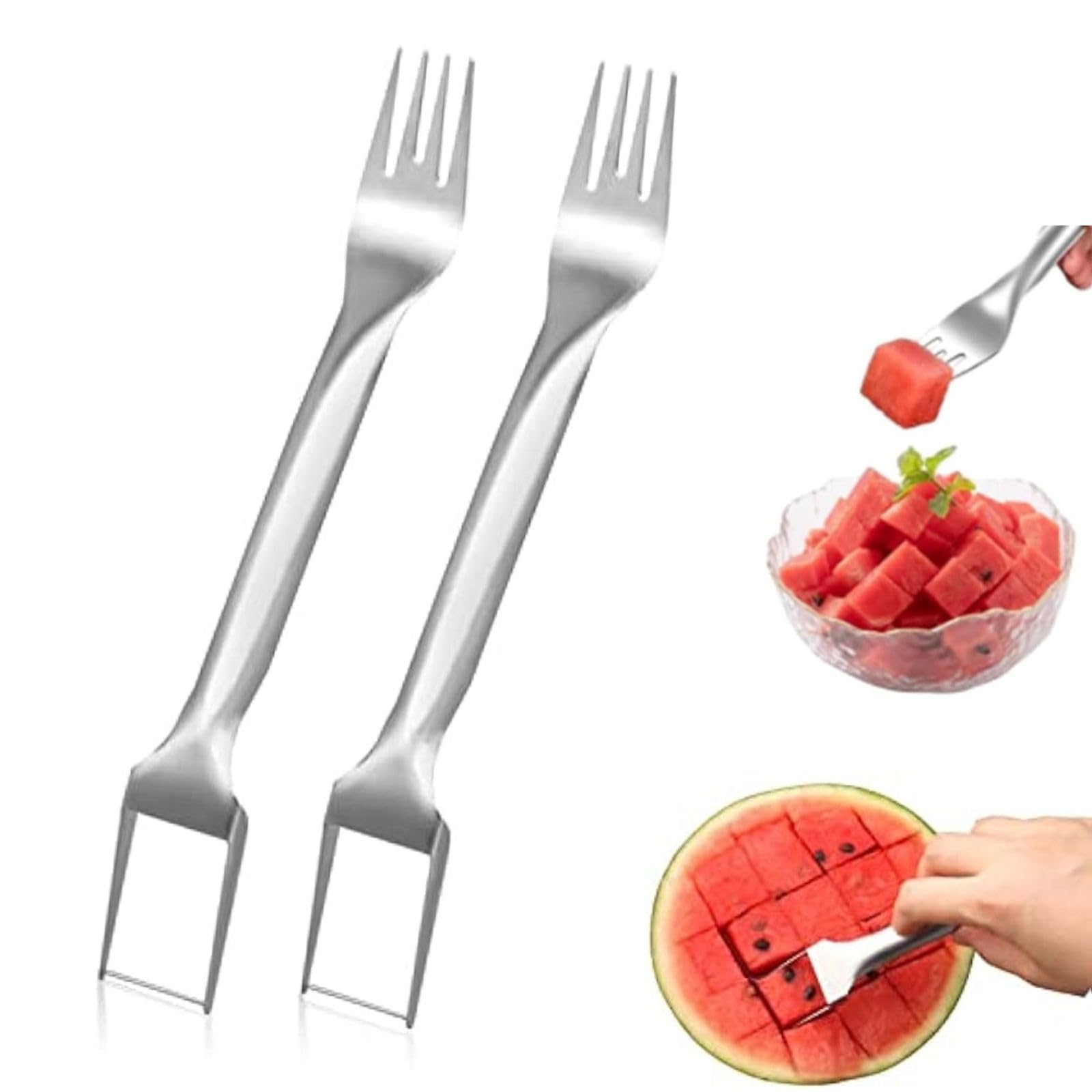 YUEOL watermelons fork slicer 2in1 in use for mess-free fruit cubes at a party