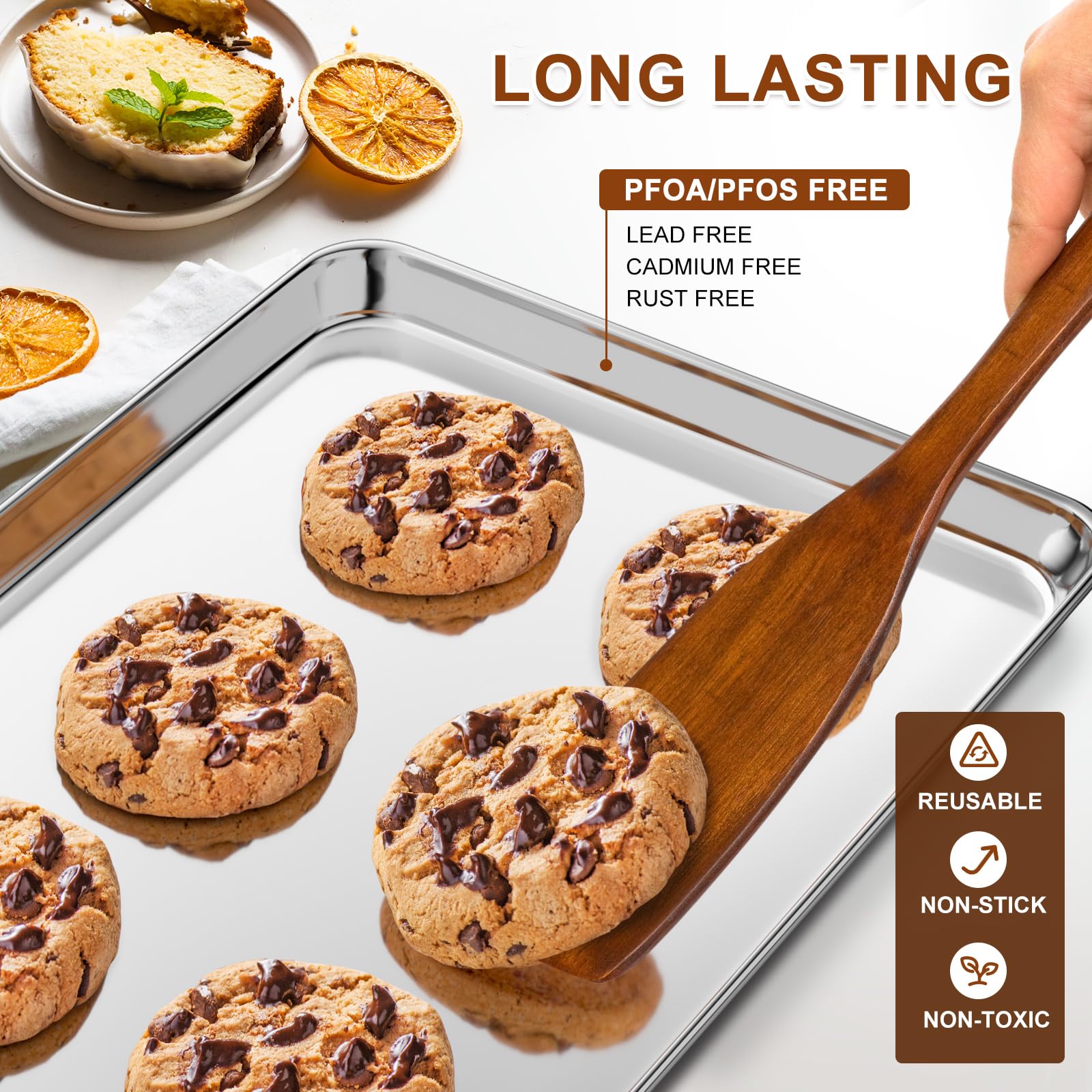 Yuiicaov stainless steel baking sheet emphasizes durability and safety.