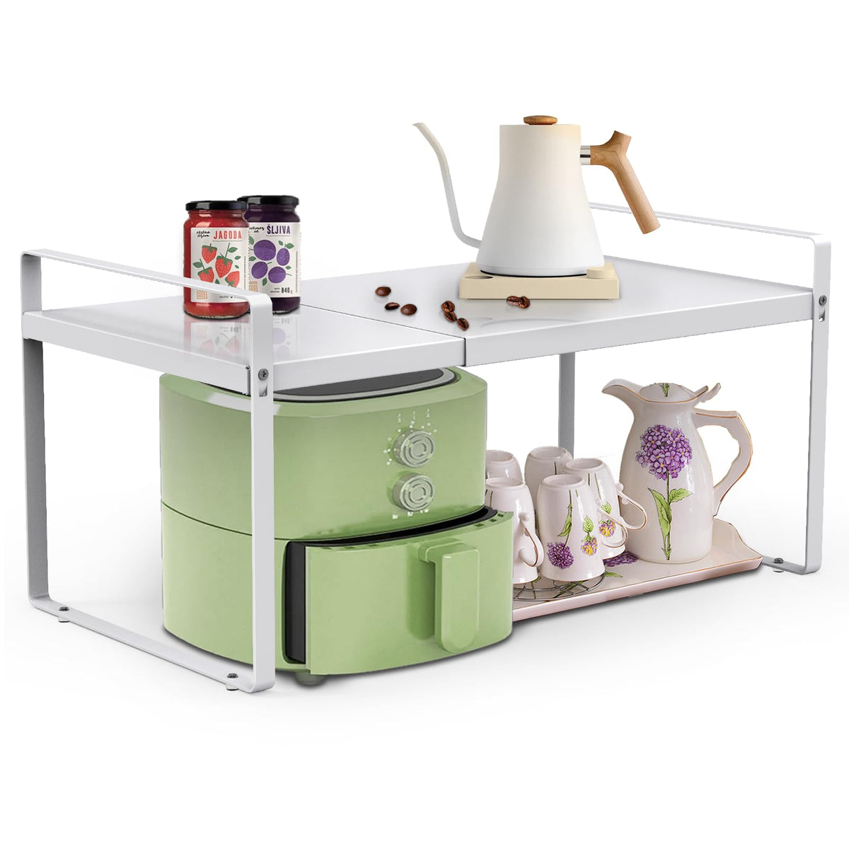 Yuleimy expandable cabinet shelf showing 14–26 inch length flexibility for pantry organization.