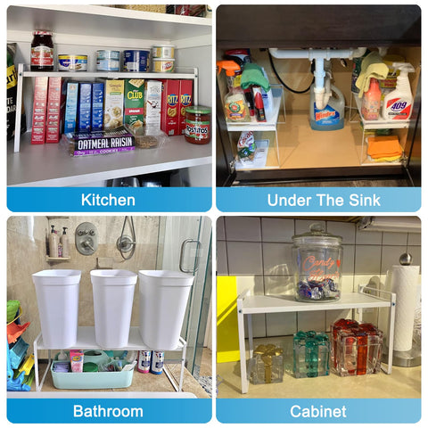 Yuleimy expandable shelf daily kitchen organization reducing clutter.
