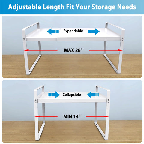 Yuleimy expandable shelf front view highlighting sturdy non-slip design for countertop stability.