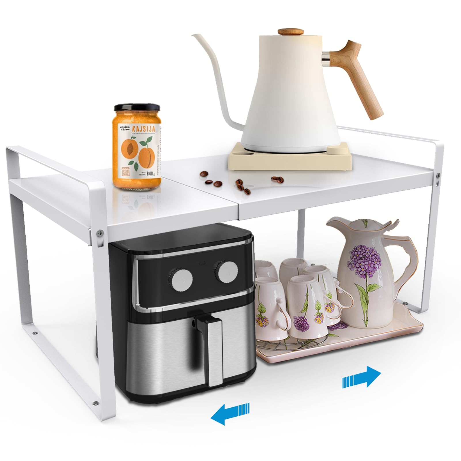 Yuleimy expandable shelf with load-bearing rod supports up to 55 pounds.
